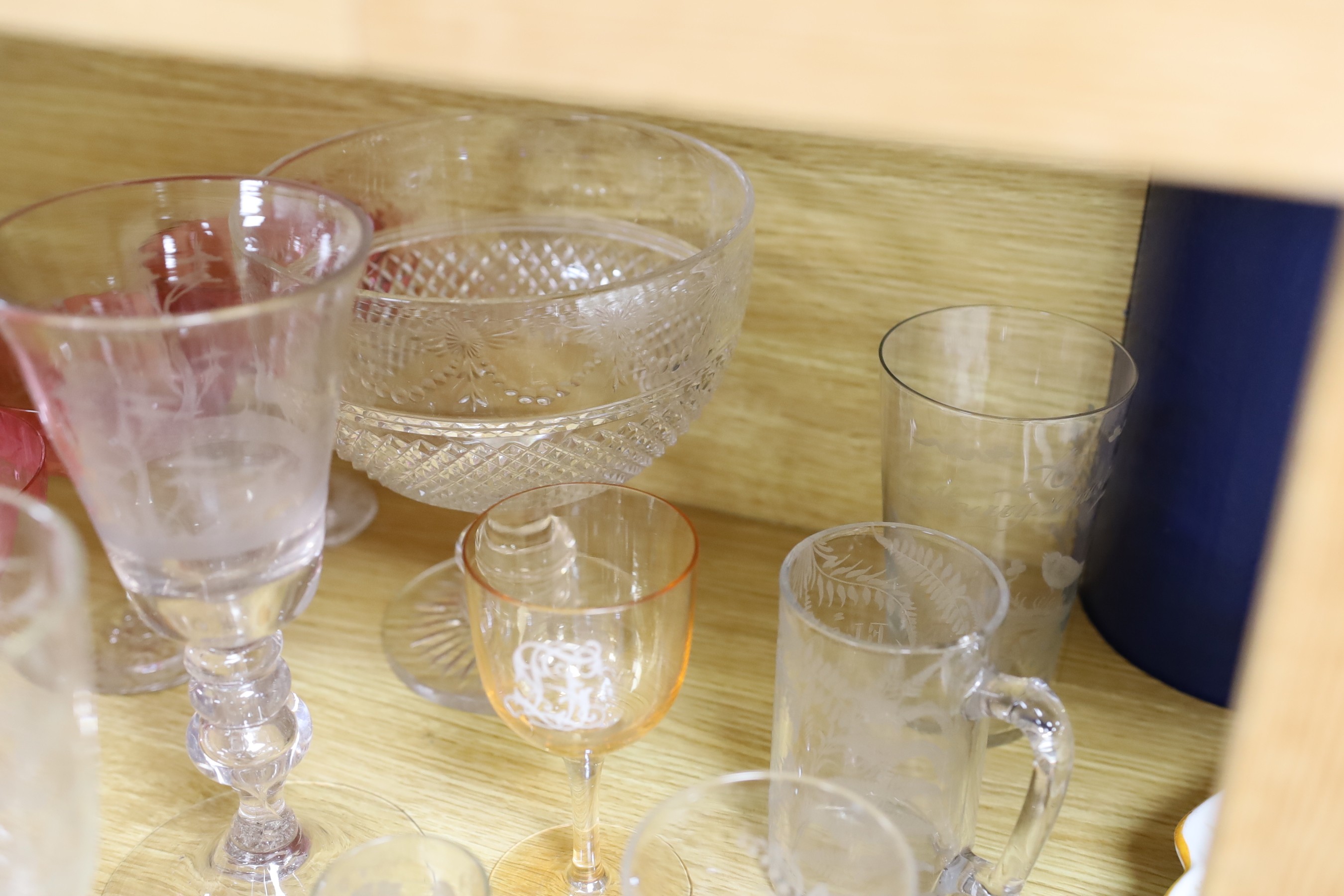 A collection of mostly 19th century engraved glass to include a Masonic dish